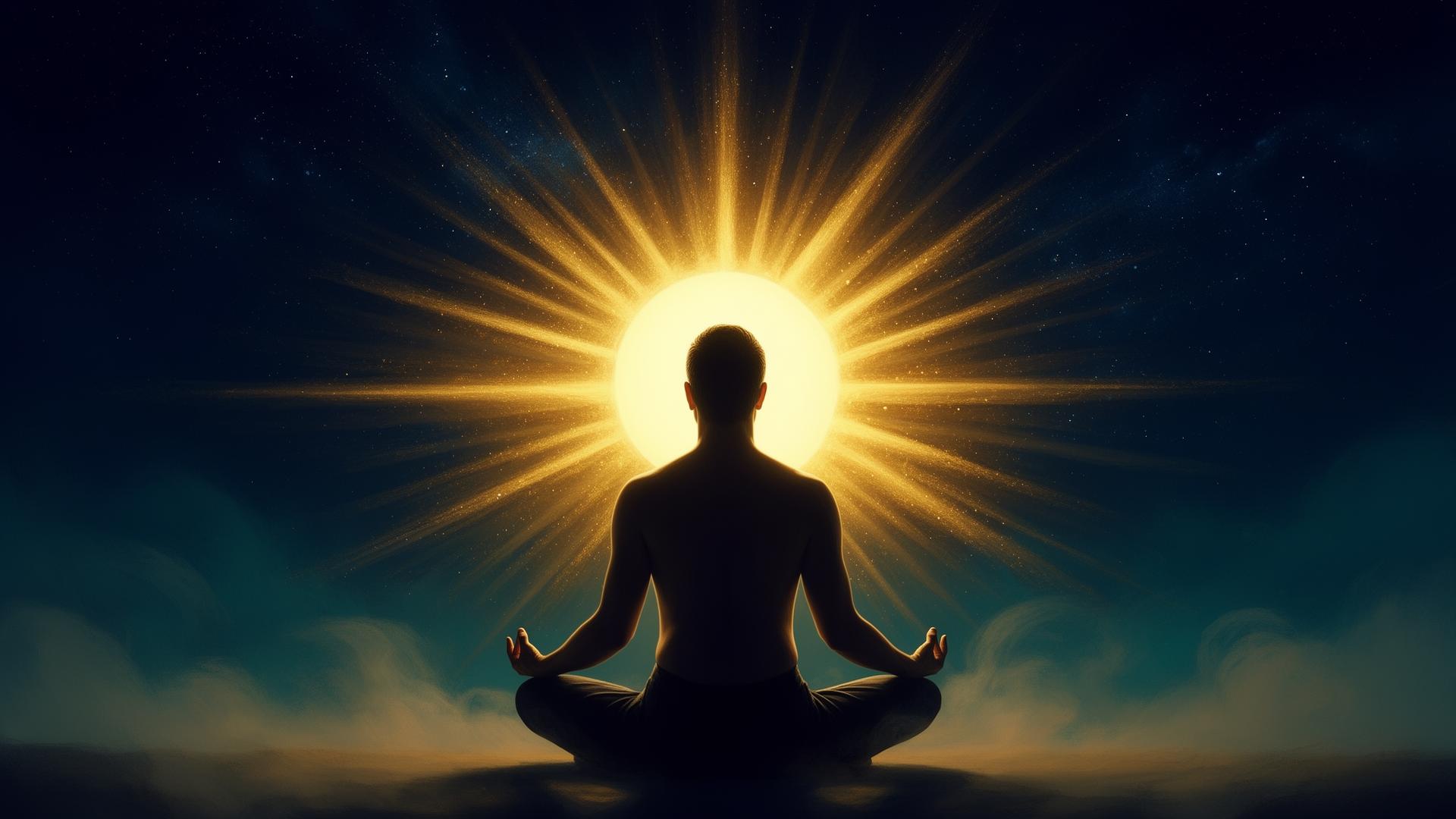 Person meditating beneath a glowing celestial sun